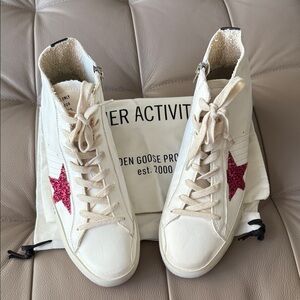 NWT Golden Goose Women's White Sneakers with Glitter Pink Star size 9